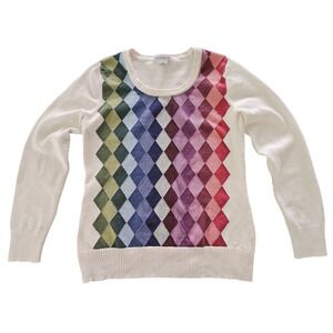 Liz Claiborne Women's Rainbow Argyle Cotton Sweater Med Preppy Academia Golf Vtg